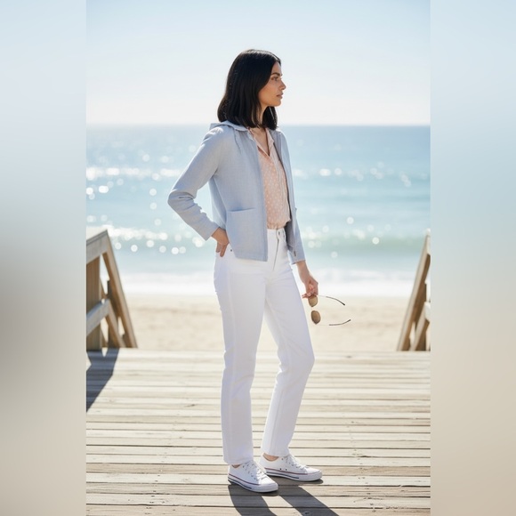 VTG Ice Blue Linen Cropped Zip Up Hoodie Front Pockets Beach Coastal SZ 5/6 XS-M - Picture 4 of 11